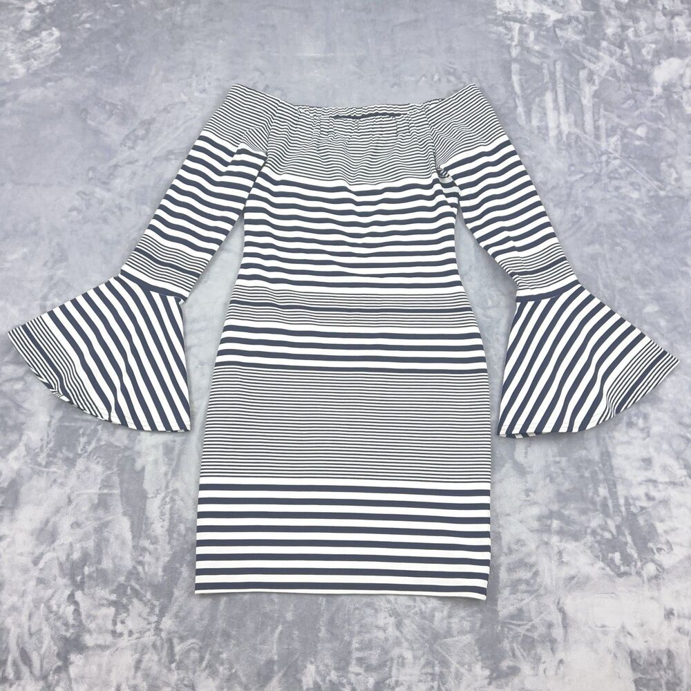 SUGAR + LIPS Dress Women’s Size XS Black White Striped Bell Sleeve Bodycon